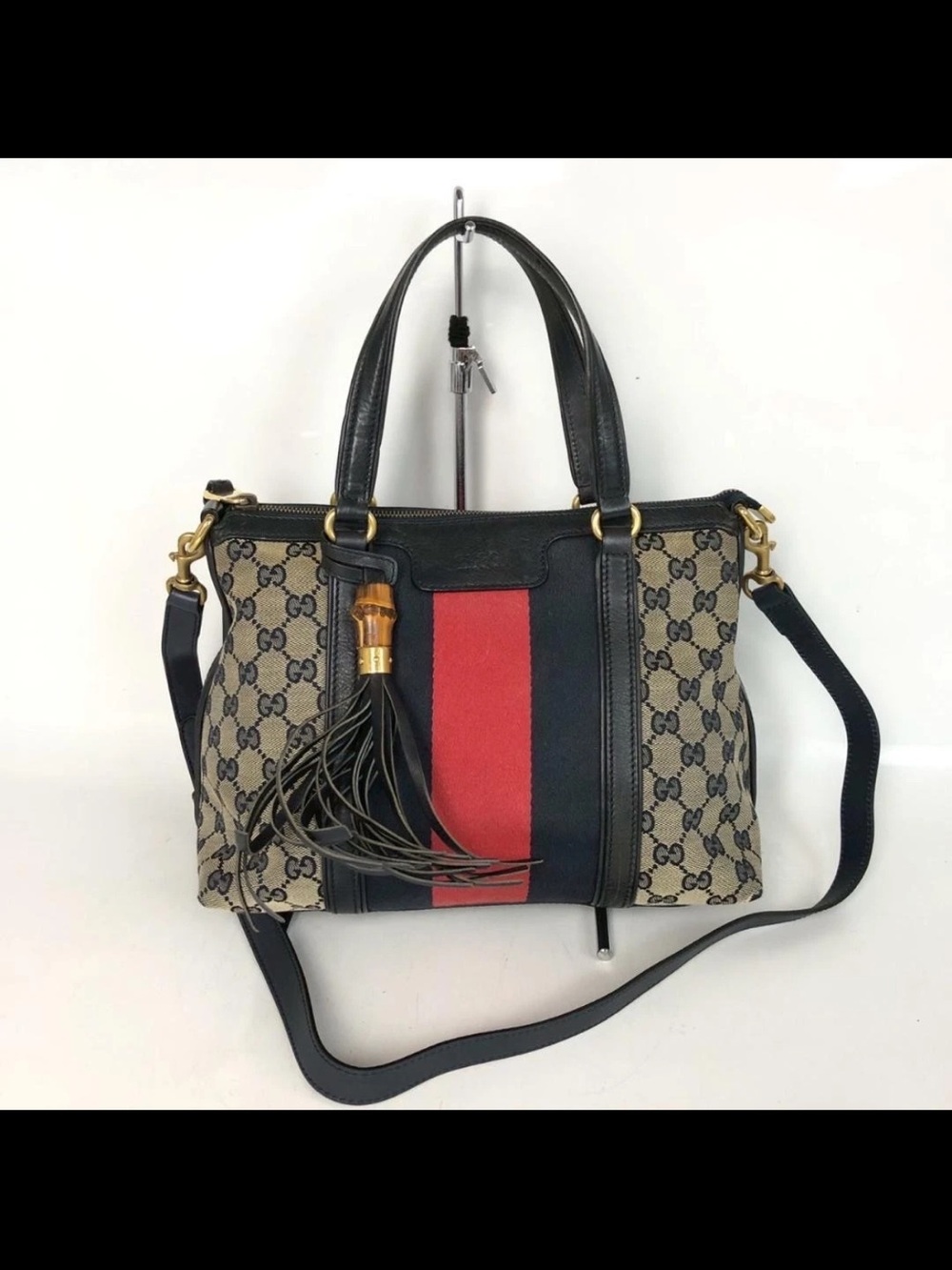 Gucci Navy and Red GG Canvas Top-Handle Tote with Tassel